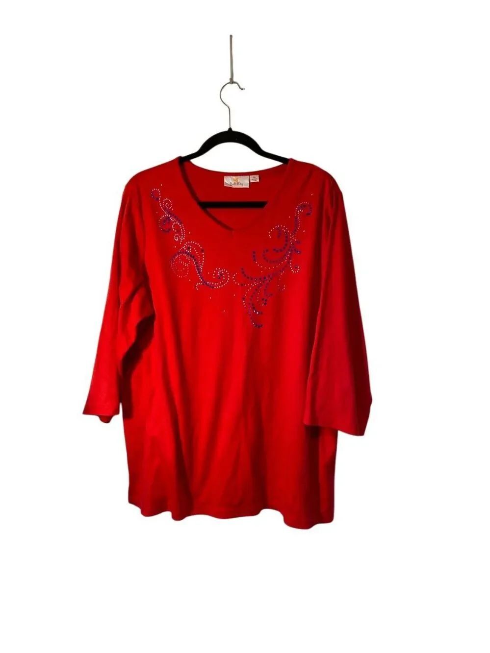Quacker factory red 3/4 sleeve embellished sparkle top XL